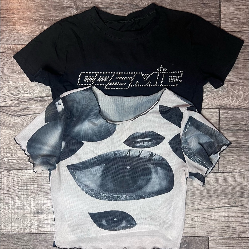 Y2K Black Graphic Tee and Eye Print Mesh Top Bundle